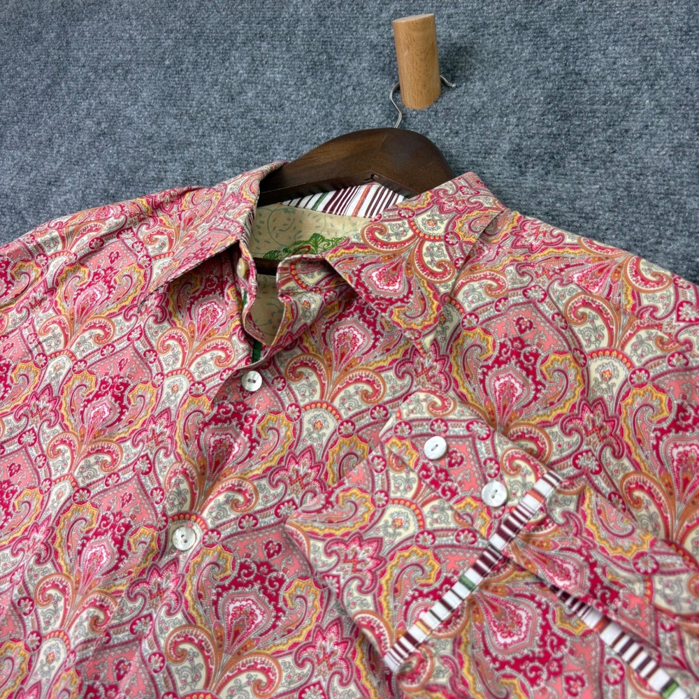 Robert Graham Button Down Mens 2XL Pink Paisley Fleur-de-lis Cotton Silk Shirt